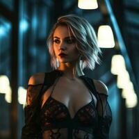 a beautiful woman in lingerie standing in an alleyway at night generative ai photo