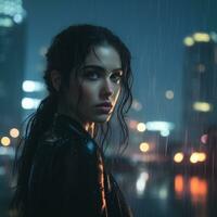 un hermosa mujer en el lluvia a noche con ciudad luces en el antecedentes generativo ai foto