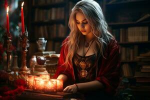 a beautiful woman in a red dress sitting in front of a book with candles generative ai photo