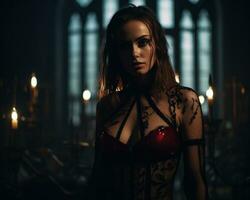 a beautiful woman in red lingerie standing in front of candles generative ai photo