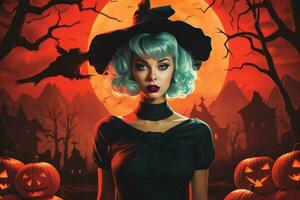a beautiful woman in a witch costume is standing in front of pumpkins generative ai photo