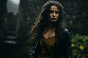 a beautiful woman in the rain standing in front of a stone wall generative ai photo