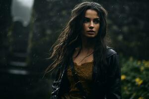 un hermosa mujer en el lluvia en pie en frente de un Roca pared generativo ai foto