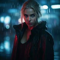 a beautiful woman in the rain at night generative ai photo