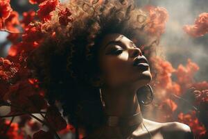 a beautiful woman with an afro in front of red flowers generative ai photo