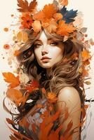 a beautiful woman with autumn leaves in her hair generative ai photo