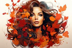 a beautiful woman with autumn leaves in her hair generative ai photo