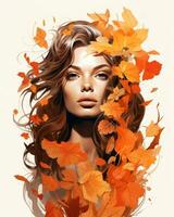 a beautiful woman with autumn leaves in her hair generative ai photo