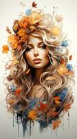a beautiful woman with autumn leaves in her hair generative ai photo