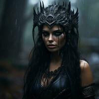 a beautiful woman with black hair and dark makeup standing in the rain generative ai photo