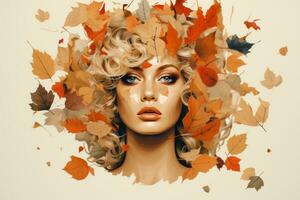 a beautiful woman with autumn leaves on her head generative ai photo