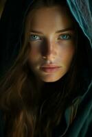 a beautiful woman with blue eyes in a hood generative ai photo