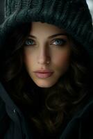 a beautiful woman with blue eyes wearing a hooded jacket generative ai photo