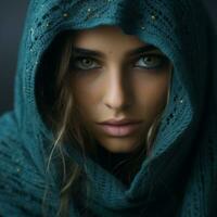 un hermosa mujer con verde ojos vistiendo un verde bufanda generativo ai foto