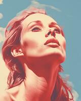 a beautiful woman with her eyes closed in front of a blue sky generative ai photo