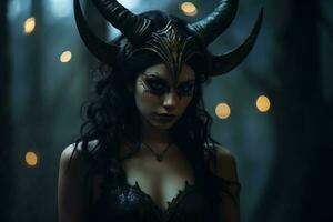 a beautiful woman with horns in the woods generative ai photo