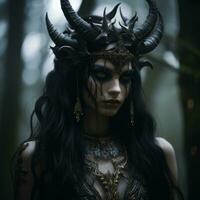 a beautiful woman with horns in the woods generative ai photo