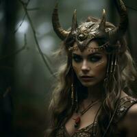 a beautiful woman with horns on her head in the woods generative ai photo