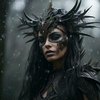 a beautiful woman with horns on her head in the snow generative ai photo