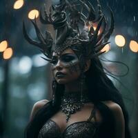 a beautiful woman with horns on her head in the rain generative ai photo