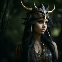 a beautiful woman with horns on her head generative ai photo