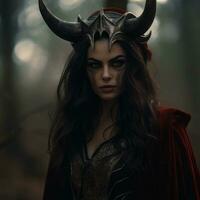 a beautiful woman with horns on her head in the woods generative ai photo