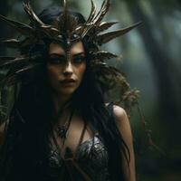 un hermosa mujer con largo negro pelo vistiendo un tocado en el bosque generativo ai foto