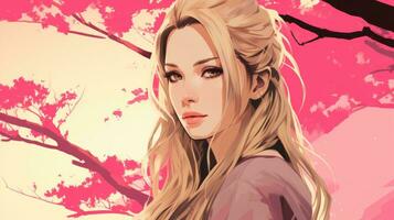 a beautiful woman with long blonde hair in front of pink trees generative ai photo