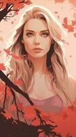 a beautiful woman with long blonde hair and red leaves in the background generative ai photo
