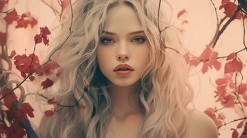 a beautiful woman with long blonde hair is surrounded by red leaves generative ai photo