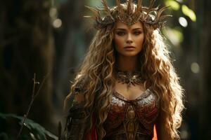 a beautiful woman with long blonde hair in a forest generative ai photo