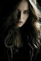 a beautiful woman with long hair and a black jacket generative ai photo