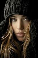 a beautiful woman with long hair and a beanie generative ai photo
