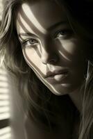 a beautiful woman with long hair and eyes looking at the camera generative ai photo