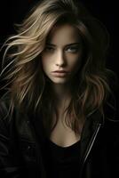 a beautiful woman with long hair in a black leather jacket generative ai photo