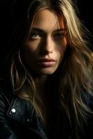 a beautiful woman with long hair in a leather jacket generative ai photo