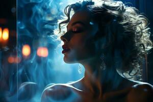 a beautiful woman with long hair in front of a window with smoke coming out of it generative ai photo