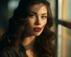 a beautiful woman with long hair and red lips looking out the window generative ai photo