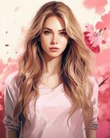 a beautiful woman with long hair in front of pink flowers generative ai photo