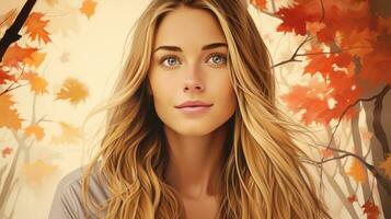 a beautiful woman with long hair in front of autumn trees generative ai photo