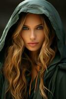 a beautiful woman with long hair wearing a green jacket generative ai photo