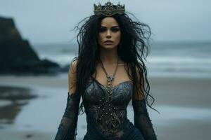a beautiful woman with long hair wearing a crown on the beach generative ai photo