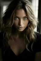 a beautiful woman with long wavy hair and blue eyes generative ai photo