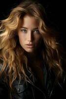 a beautiful woman with long wavy hair and a leather jacket generative ai photo