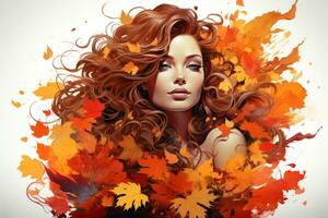 a beautiful woman with long red hair is surrounded by autumn leaves generative ai photo