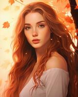 a beautiful woman with long red hair in the fall generative ai photo