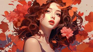 a beautiful woman with red flowers in her hair generative ai photo