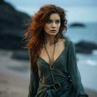 a beautiful woman with red hair standing on the beach generative ai photo