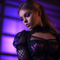 a beautiful young woman in a black dress with purple lighting generative ai photo