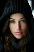 a beautiful young woman in a black hoodie generative ai photo